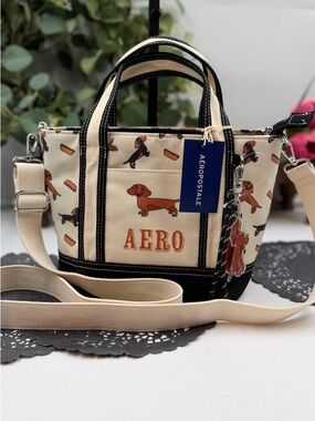 Aeropostale Dachshund Mini Tote Crossbody Dog Print Canvas Bag w/ Keychain NW